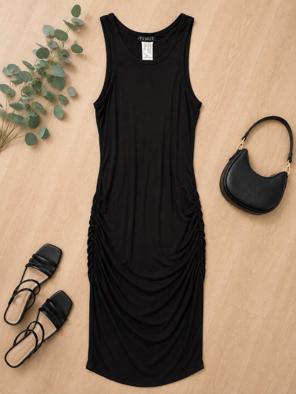 VENUS Black Ruched Bodycon Midi Dress | Size Small